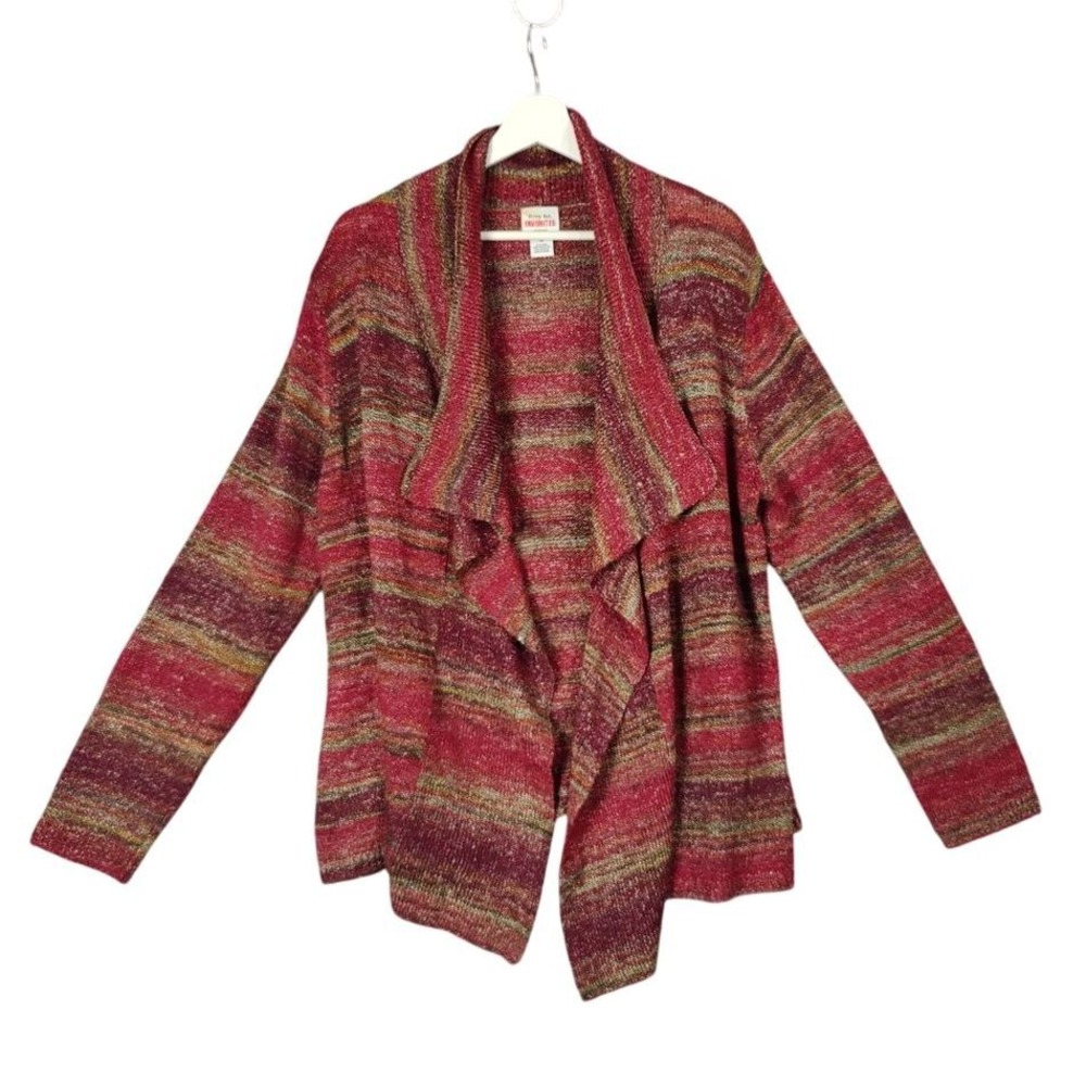 Ruby Rd Woman Rustic Earthy Stripe Waterfall Cardigan 1X Red Space Dye Sweater